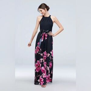 Cascading Floral Chiffon Sheath with Round Neck